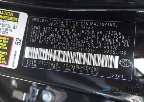 2025 Toyota Camry Se from USA, damaged, VIN 4T1DAACK6SU153314